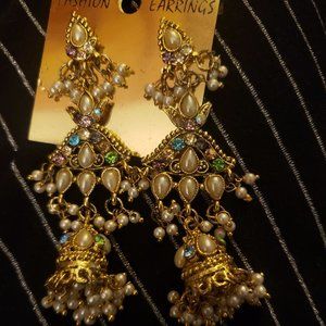 Golden Pearl/Rhinestone Lotus Flower Bell Earrings